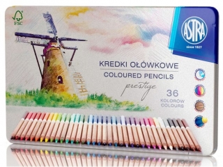 Kredki o��wkowe ASTRA Prestige 36 kolor�w z drewna cedrowego w metalowym pude�ku
