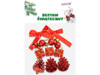 Zestaw witeczny SGD-03 - 4 bombki, 3 miniprezenty, 3 szyszki, 2 kokardki, 4 sznureczki, kolor czerwony