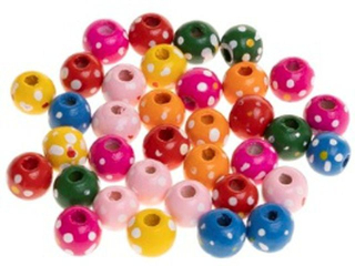 Koraliki drewniane do nawlekania kolor: mix w bia�e kropki  rozmiar: 10 mm lo��:  35 szt waga: 11 g