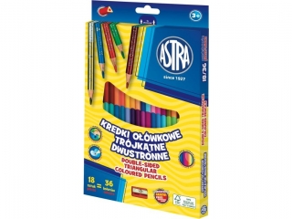 Kredki o��wkowe tr�jk�tne dwustronne ASTRA 18=36 kolor�w z temper�wk�