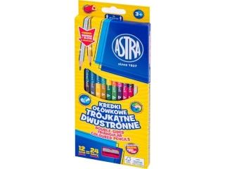 Kredki o��wkowe tr�jk�tne dwustronne ASTRA - 12=24 kolory z temper�wk� - z�ota i srebrna kredka w komplecie