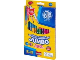 Kredki o��wkowe dwustronne jumbo ASTRA - 12=24 kolory z temper�wk�, z�ota i srebrna kredka w komplecie