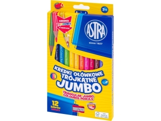 Kredki o��wkowe tr�jk�tne jumbo ASTRA - 12 kolor�w z temper�wk�, t�czowa kredka w komplecie