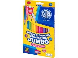 Kredki o��wkowe tr�jk�tne jumbo ASTRA - 12 kolor�w z temper�wk�, z�ota i srebrna kredka w komplecie