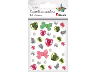 Kryszta�ki samoprzylepne mix wzor�w mix kolor�w 33szt.rodzaj: kokardki 22x16mm, serca 16x16mm, okr�g�e O10/8mm, �ezki 10x14mm, pere�ki O6mm tonacja zi