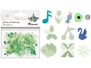 Zestaw pere�ki O4mm, cekiny kwiatek p�aski O10mm, kwiatki wypuk�e 2 wzory 10mm, konfetti truskawka 5x7mm, czere�nie 10x9mm, nuta 6x9mm, �ab�d� 6x8mm,