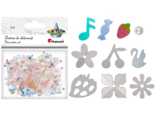 Zestaw pere�ki O4mm, cekiny kwiatek p�aski O10mm, kwiatki wypuk�e 2 wzory 10mm, konfetti truskawka 5x7mm, czere�nie 10x9mm, nuta 6x9mm, �ab�d� 6x8mm,