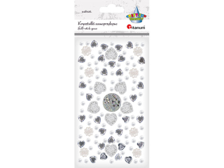 Kryształki samoprzylepne mix wzorów białe serca 17x17mm, kwiatki O13mm, perełki O6mm, lustrzane serca 10x10mm 118szt.