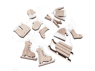 DREWNIANE MOTYWY ZIMOWE Z FUTERKIEM I ZAWIESZK�, 11 SZT., NATURALNE