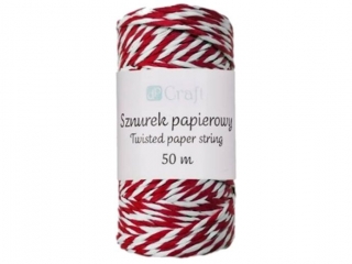 SZNUREK PAPIEROWY SKR�CANY, CZERWONO-BIA�Y, 50 M