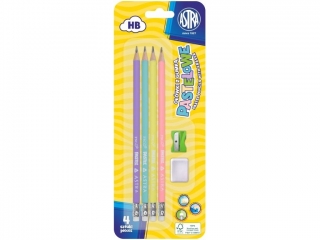 O��wki ASTRA pastelowe HB z miark� 4szt, + gumka i temper�wk