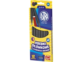 Kredki o��wkowe ASTRA z czarnego drewna 12 kolor�w z temper�wk�