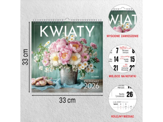 Kalendarz cienny O-PRESS kwadrat 33x33 Kwiaty 2026