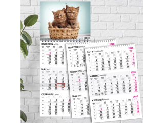 Kalendarz trójdzielny O-PRESS spirala Koty 2026