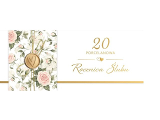 Kartka rocznica lubu - koperta na pienidze ARMIN STYLE KP-260 zocona ze sznurkiem i stemplem "20 porcelanowa Rocznica lubu" 25x10cm
