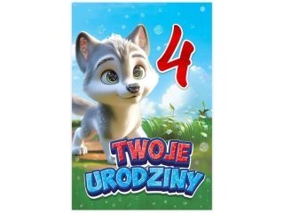 Kartka urodzinowa dla dziecka KZK B6 Nr 077, na 4 urodziny z Wilczkiem