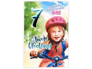 Kartka urodzinowa dla dziecka KZK B6 Nr 028, na 7 urodziny z Rowerzystk