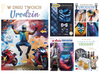 Kartki laurka B6B -brokat Urodziny zest. 740 Grafika , Męskie