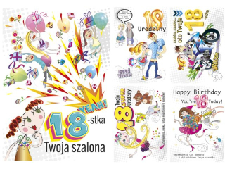 Kartki laurka B6B -brokat Urodziny 18-stka zest. 643 grafika - chłopak, dziewczyna, humor