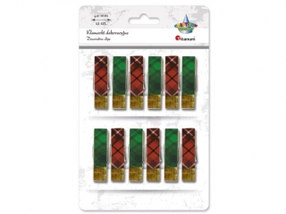 Klamerki drewniane naklejka krata 12x45mm czerwone, zielone 12szt.